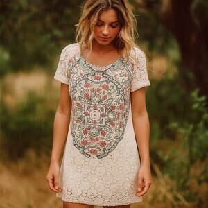 Red Camel Ivory Cream Lace Boho Floral Print A line Mini Dress M